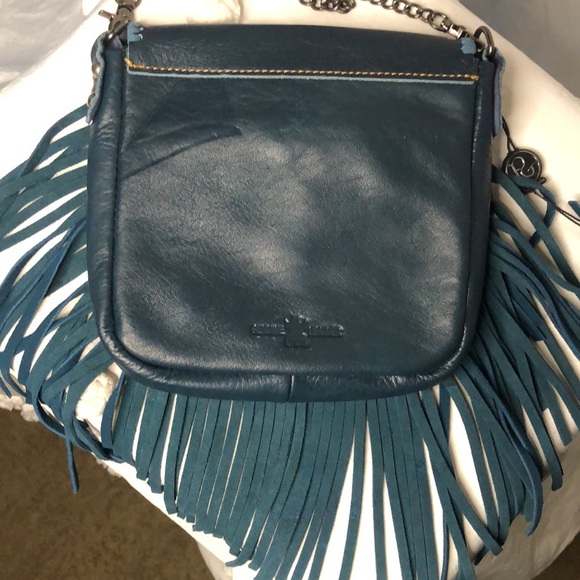 P&G Texas flag genuine leather red, cream, and blue crossbody with fringes. - Picture 3 of 16